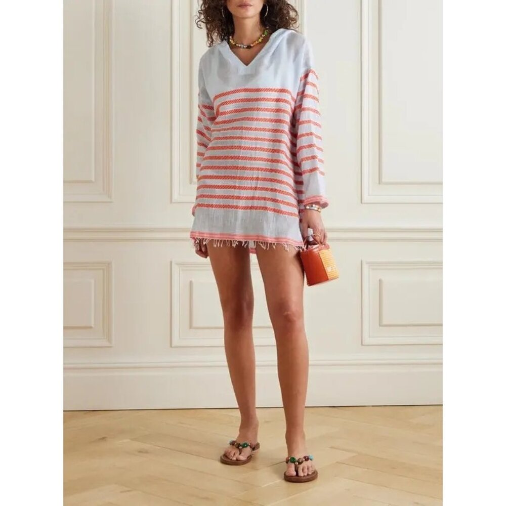 LEMLEM HENOK Hooded Fringed Cotton-Blend Kaftan shirt dress size XS NEW